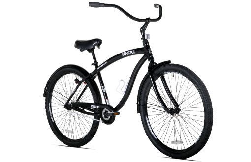 Black cruiser bicycle with curved handlebars, fenders, and white sidewall tires.