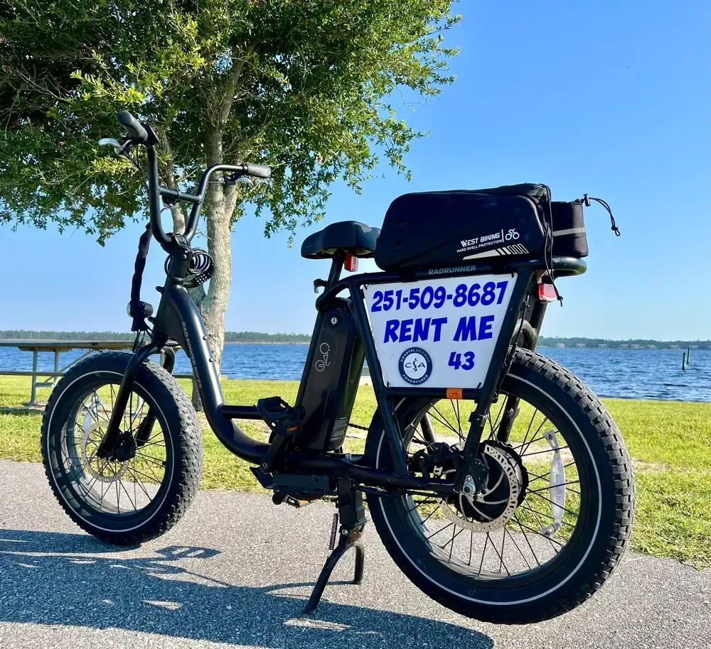 Black electric bicycle for rent with a phone number and