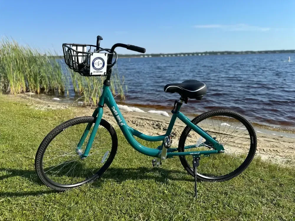 Teal bicycle with a basket on a grassy shore, overlooking a lake with a bridge in the distance.