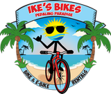 Logo for Ike's Bikes featuring a stick figure riding a bike with the sun as a head; palm trees on a beach.