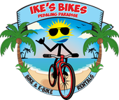 Logo for Ike's Bikes featuring a stick figure riding a bike with the sun as a head; palm trees on a beach.