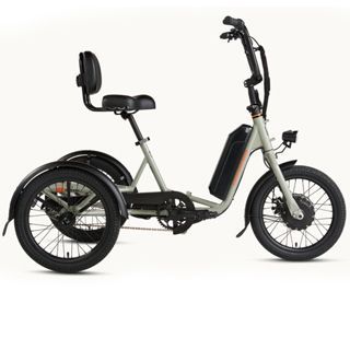 An electric trike in a neutral color with a seat, battery, and light on a white background.