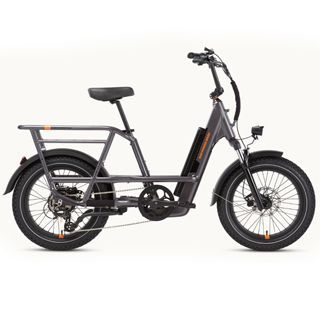 Gray electric cargo bike with rear rack, black tires, and front headlight.