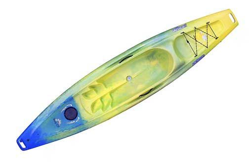 Yellow and blue kayak on white background.