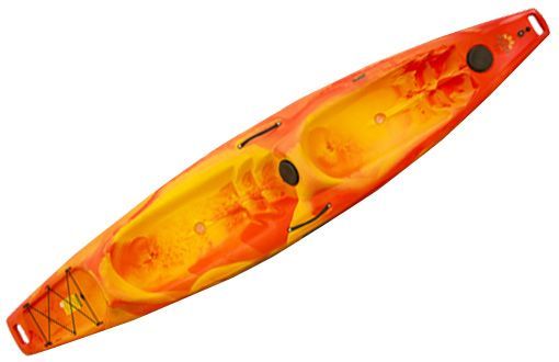 Orange and yellow tandem kayak with two seating wells.
