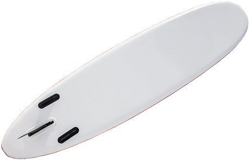 White surfboard with three black fins.