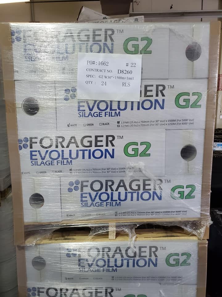 A pallet of forager evolution g2 silage film is stacked on top of each other.