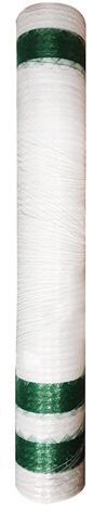 A roll of white and green ribbon on a white background.