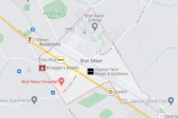 A map of a city showing a 7 eleven and bryn mawr college.