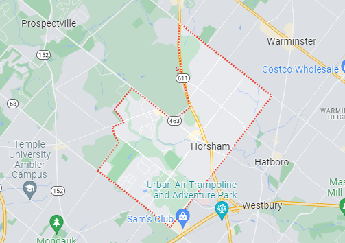 A map of a city with a red line going through it.