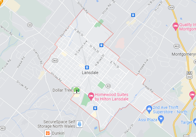 A map showing the boundaries of a city and surrounding areas.