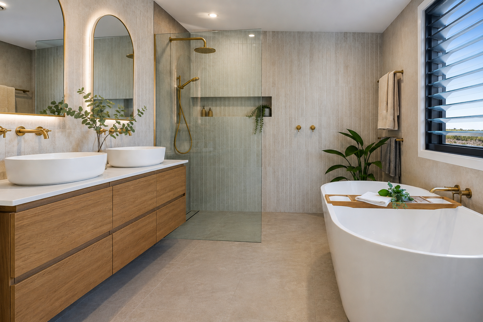 Modern bathroom with double vanity, glass shower, and freestanding tub by a window
