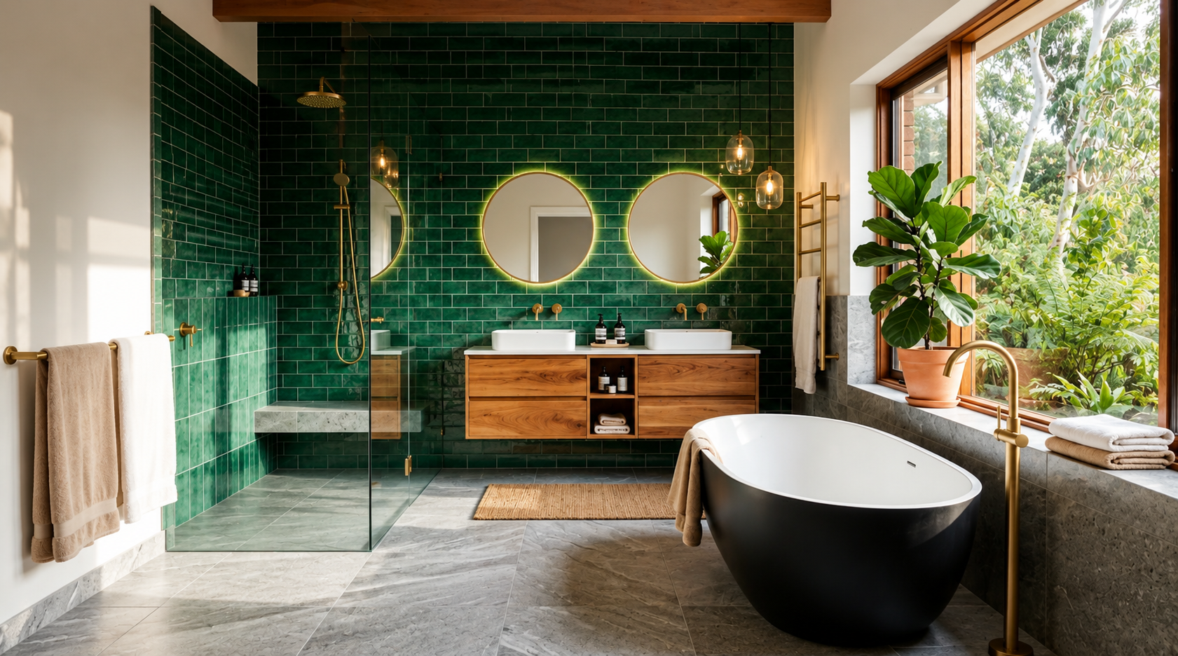 Modern bathroom with tile wall, floating wood vanity, round mirrors, glass shower, and freestanding tub by a window
