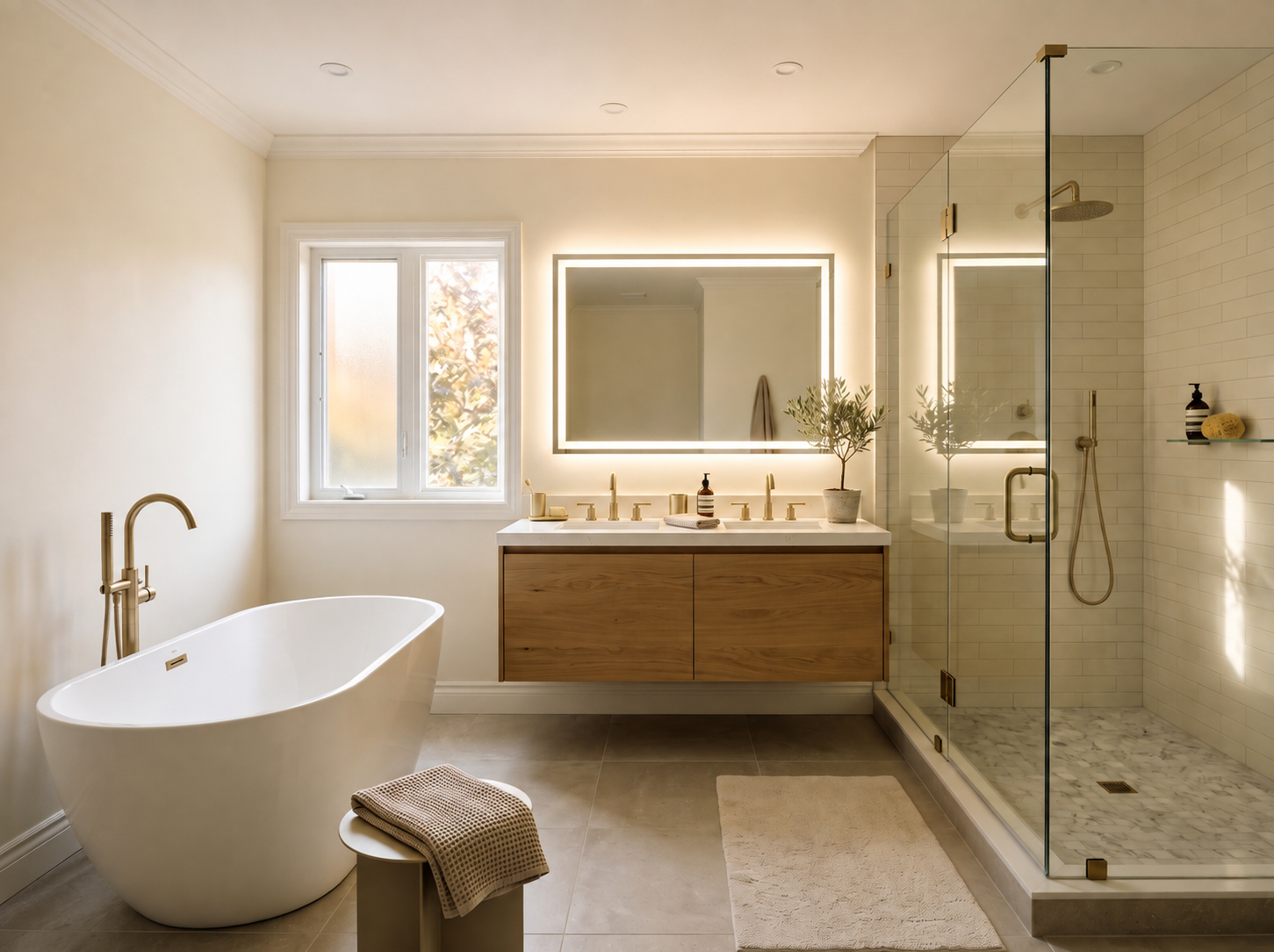 Modern spa bathroom with freestanding tub, wood vanity, large mirror, and glass shower.