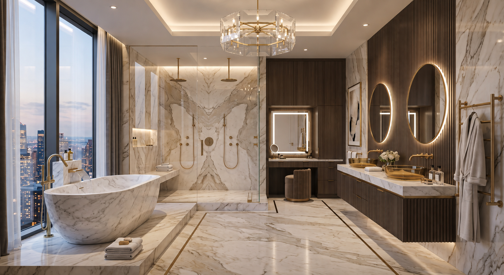 Luxurious marble bathroom with freestanding tub, dual vanities, chandeliers, and city views