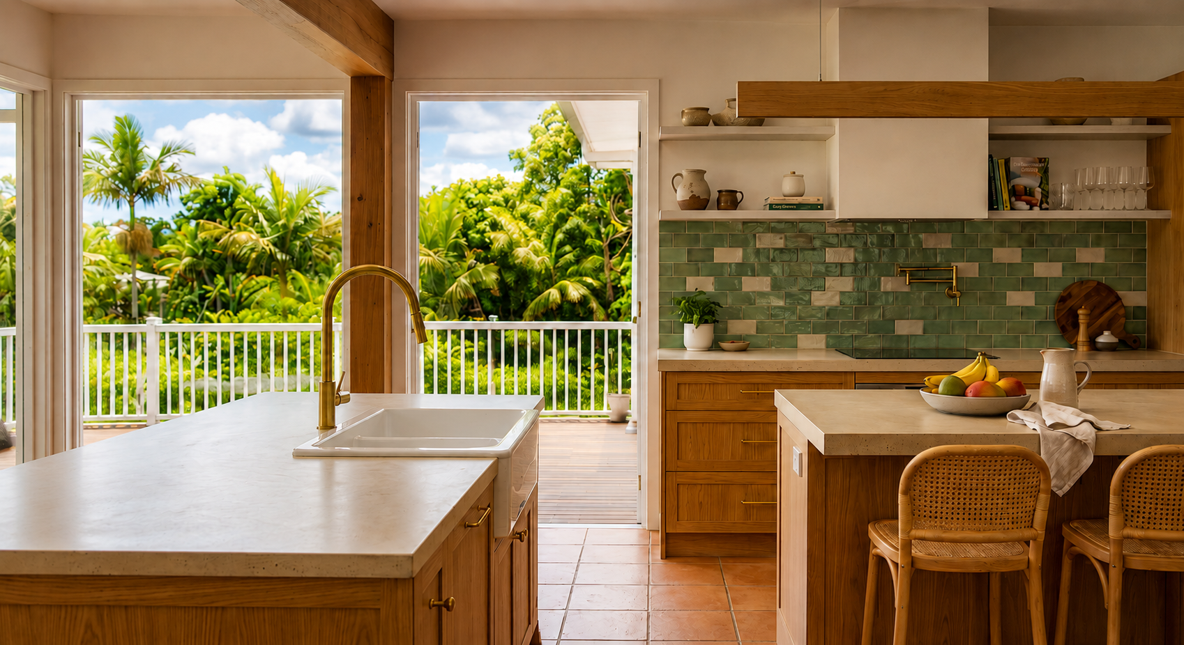 Bright kitchen with wooden island, dining table, and open view to a tropical garden through sliding doors.