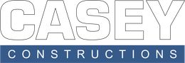 The logo for casey constructions is blue and white