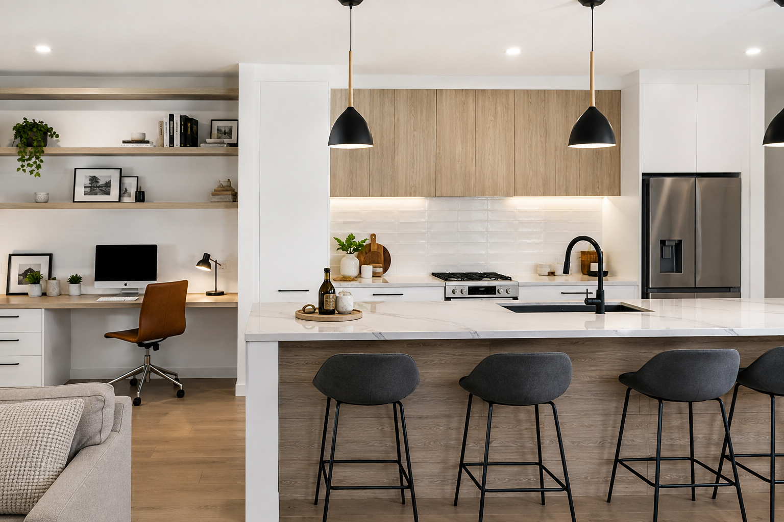Modern open-plan kitchen with wood island, black stools, and a built-in desk area