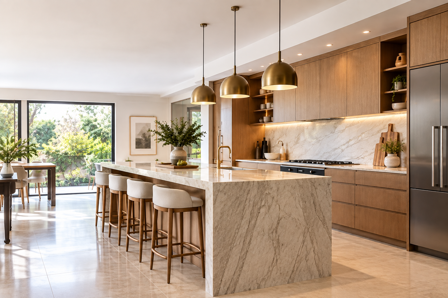 Modern open-plan kitchen with marble island, brass pendant lights, and floor-to-ceiling windows overlooking greenery