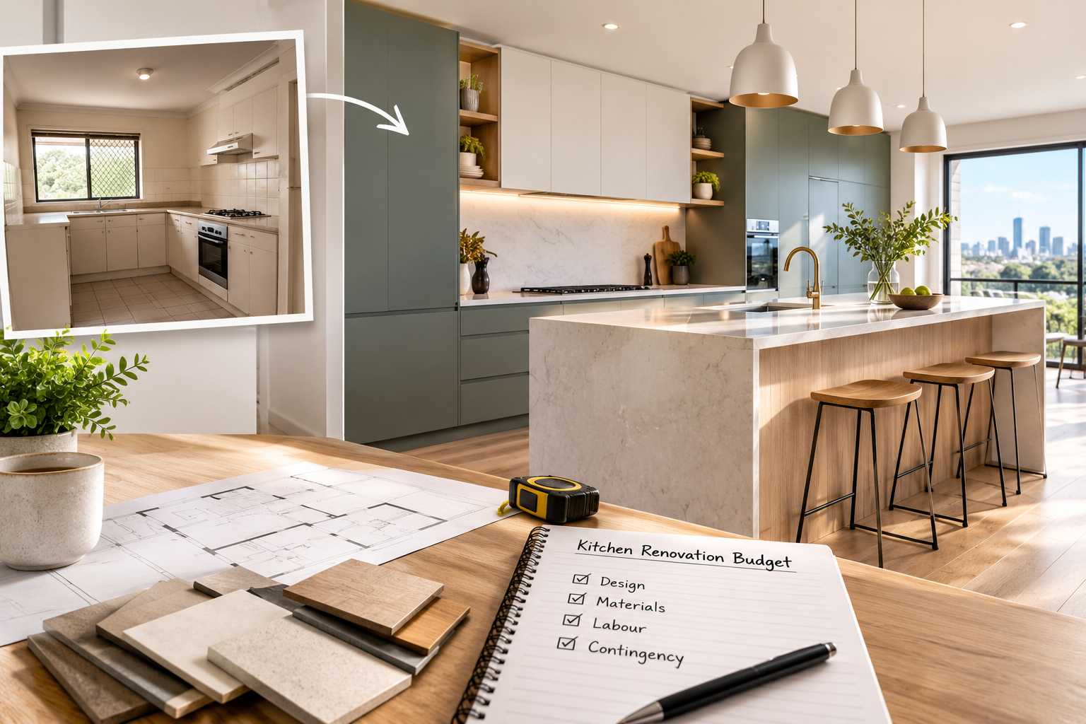 Modern kitchen rendering with island and blueprint plans on a table