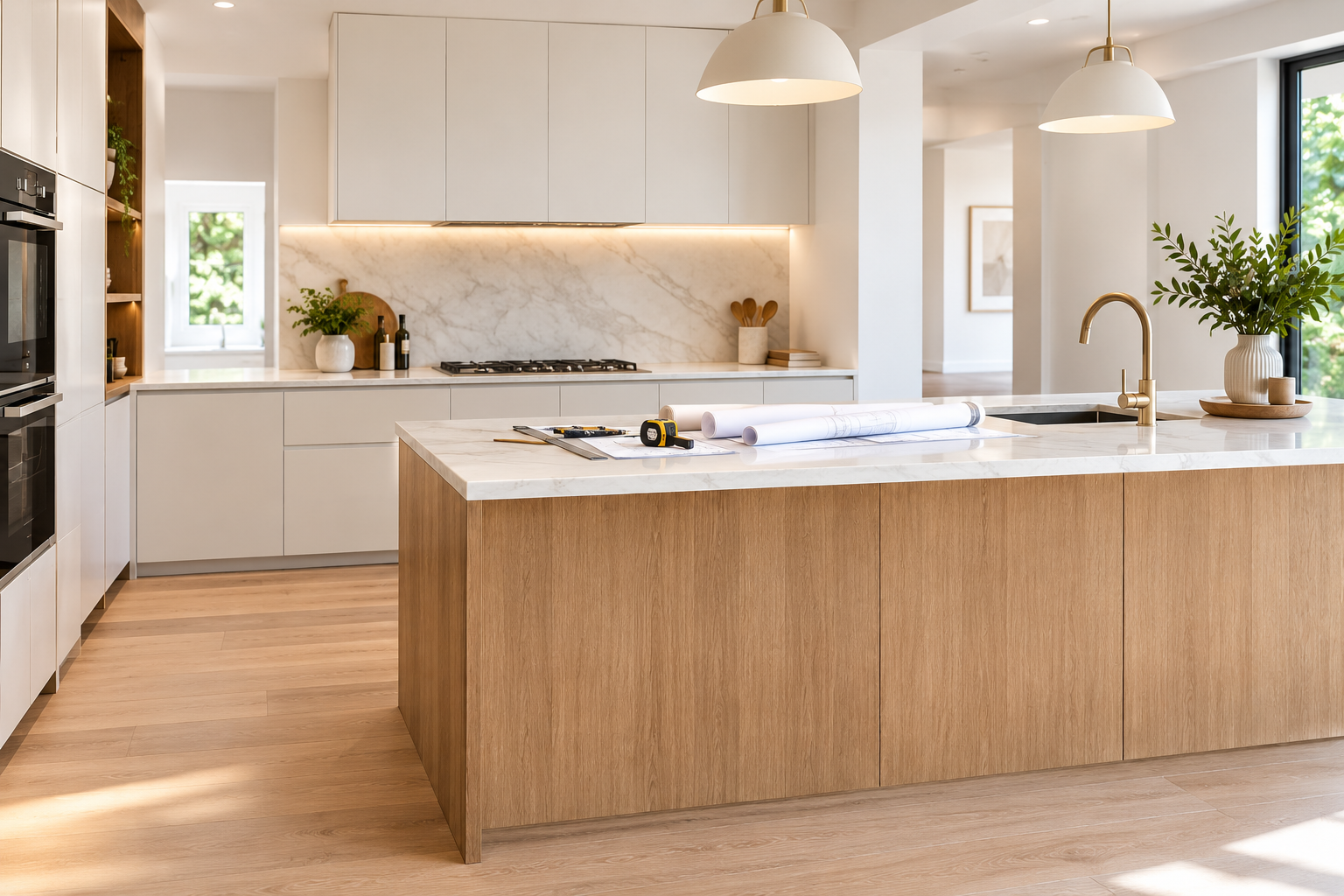 Modern kitchen with white cabinets, wood island, pendant lights, and marble countertop.