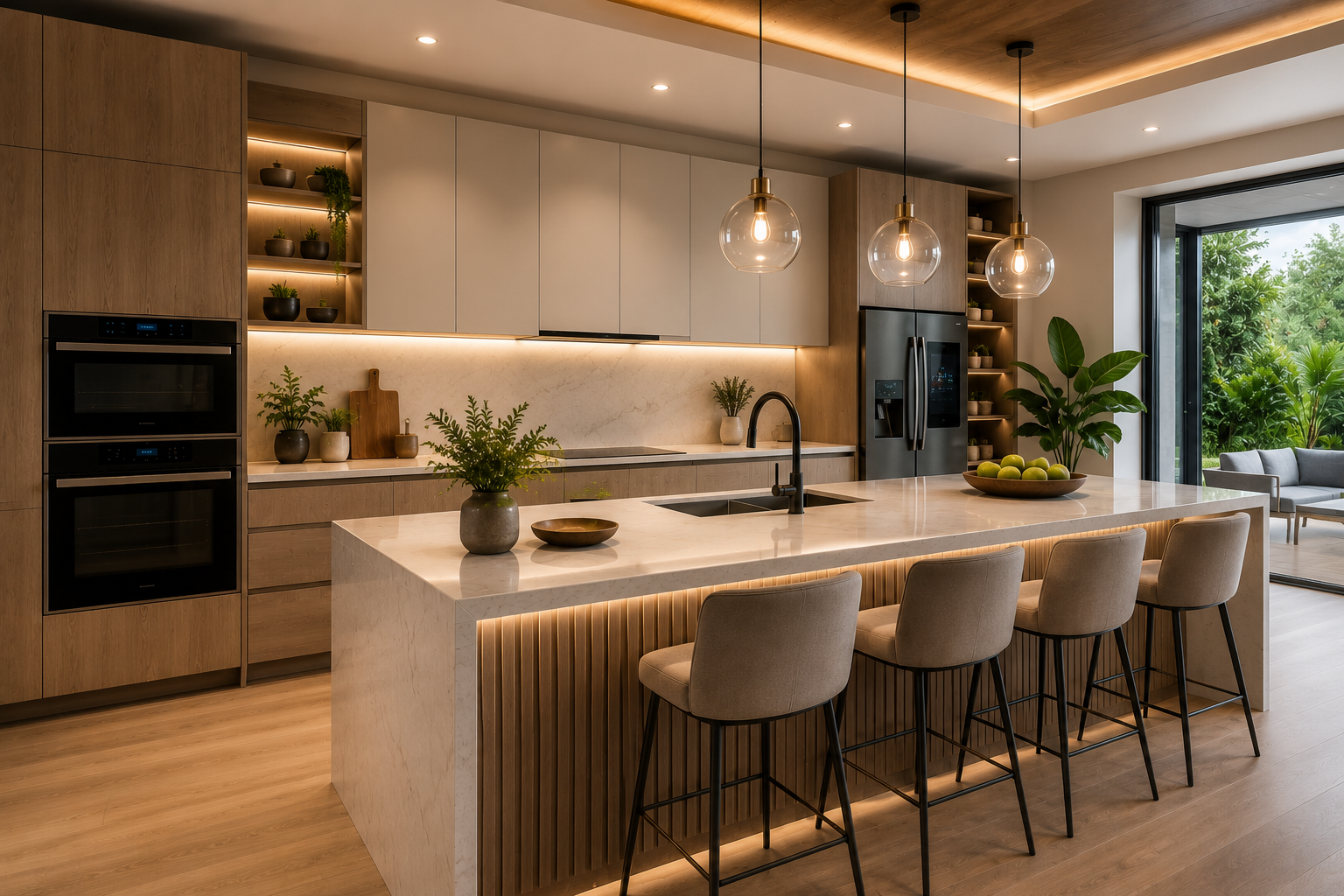 Modern kitchen with marble island, beige bar stools, warm wood cabinetry, pendant lights, and large window