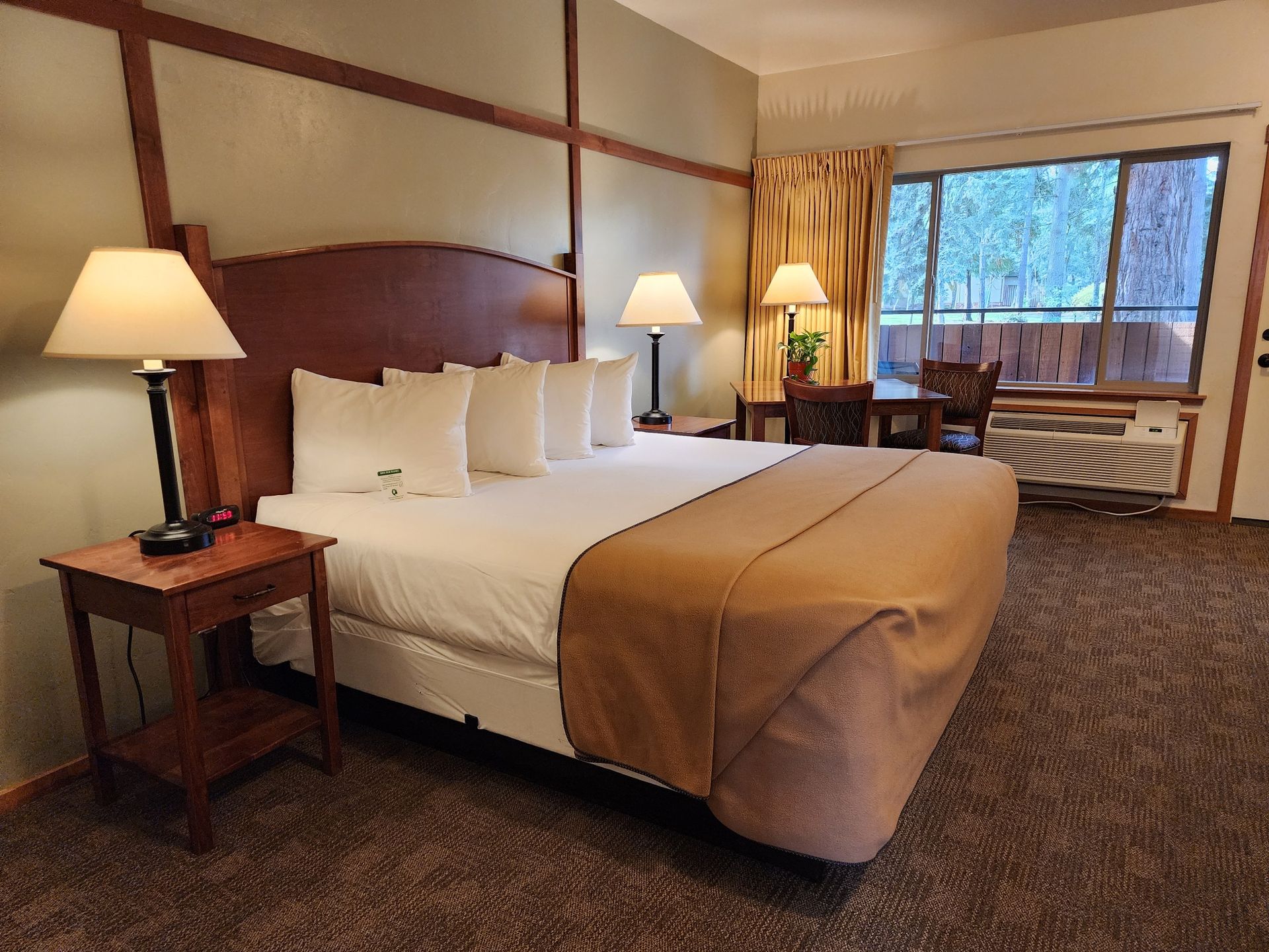 Hotel room with a large bed, two lamps, a desk, and a window with a view.