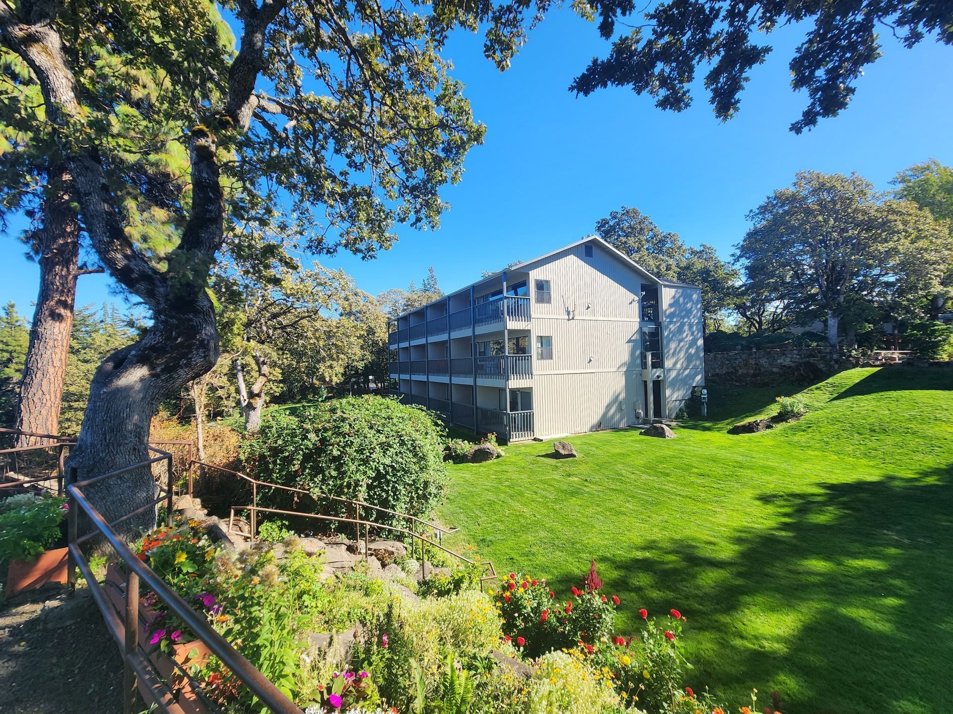 Multi-story building with white walls, surrounded by green grass and trees.