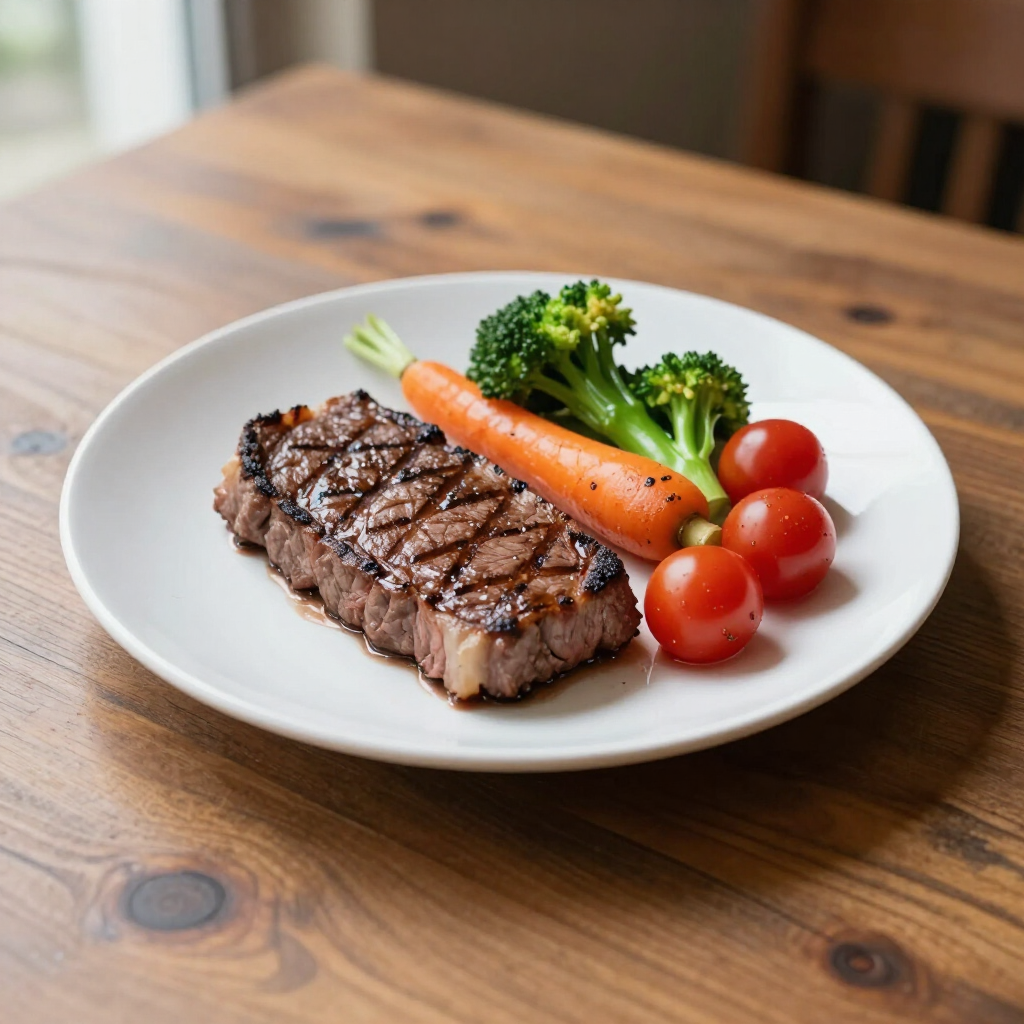 A grilled steak served on a white plate with a steamed carrot, broccoli florets, and two cherry tomatoes.