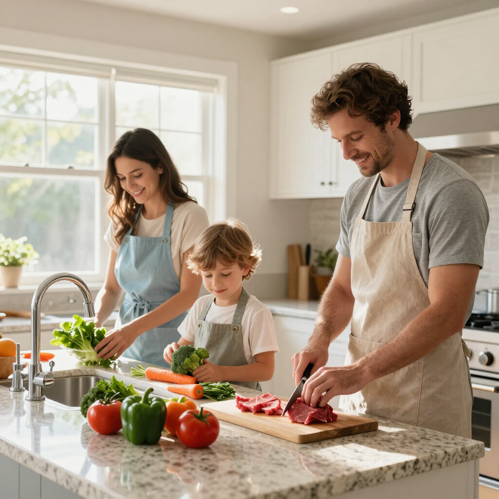 A family wearing aprons prepares a meal together in a bright kitchen, chopping vegetables and meat on a countertop.