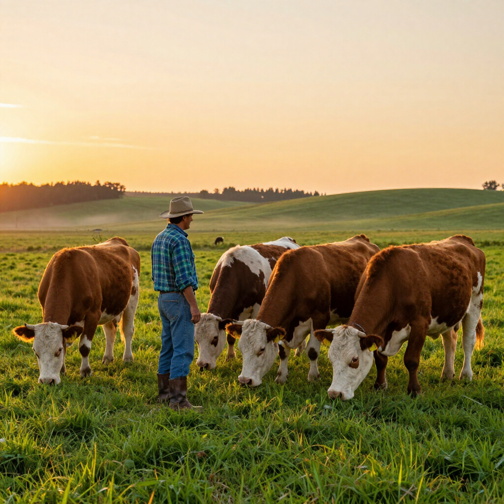 A farmer wearing a hat stands in a grassy field at sunset among several brown and white grazing cows.