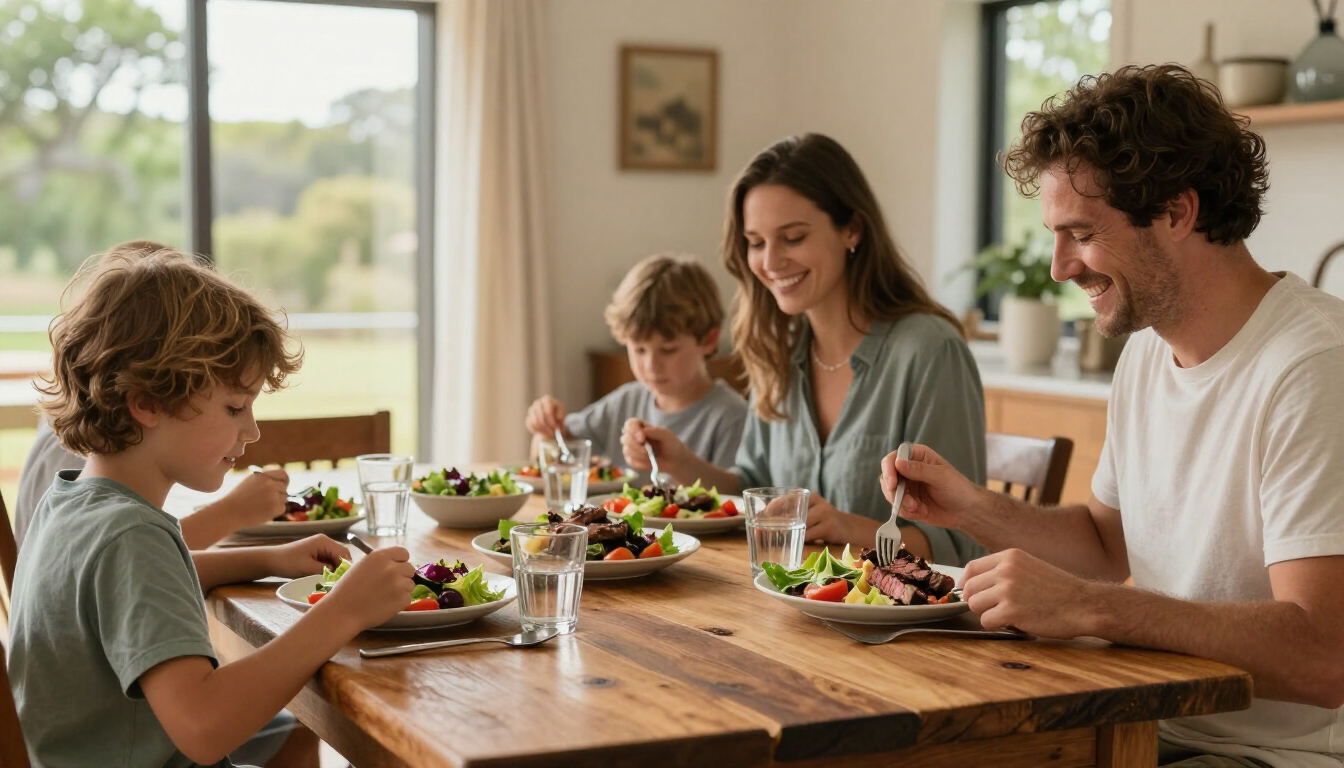 A family enjoys a meal together at a wooden table in a bright, modern dining room.