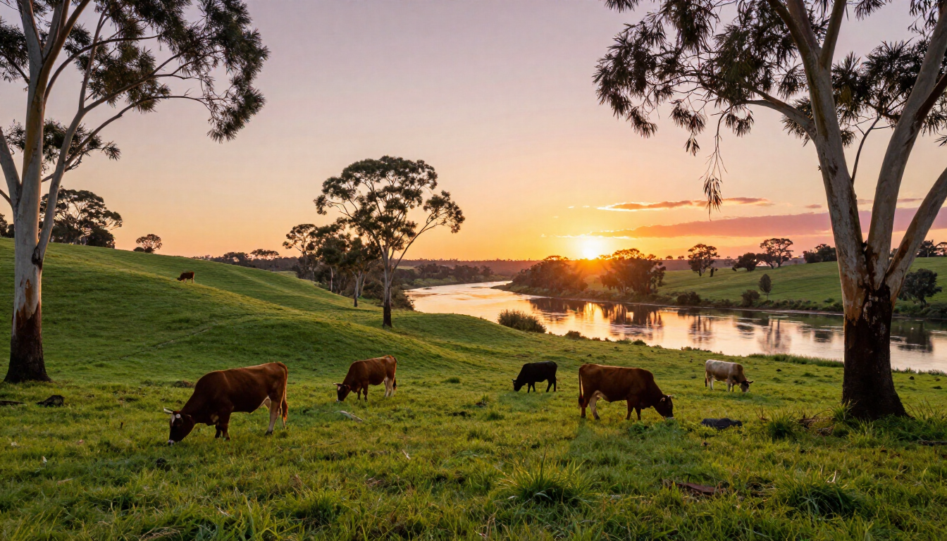 Cattle graze on a lush green hillside near a river at sunset, with eucalyptus trees framing the tranquil rural landscape.
