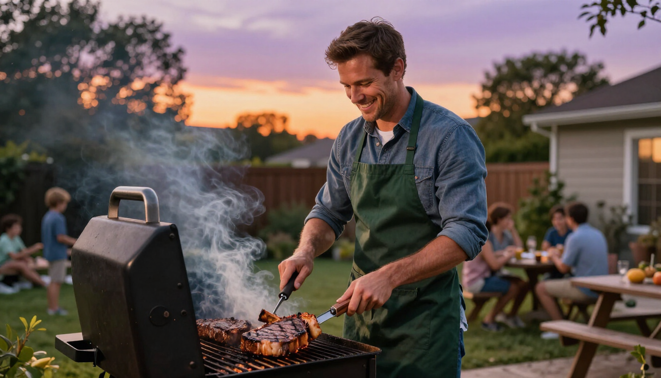 A dad grilling steaks at sunset near the Hawkesbury River.