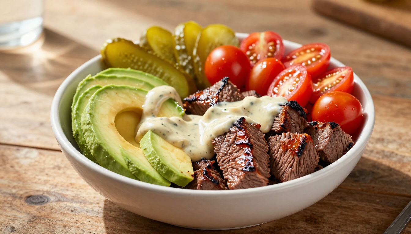 A vibrant and healthy burger bowl featuring Sunset Bluff grass-fed beef.