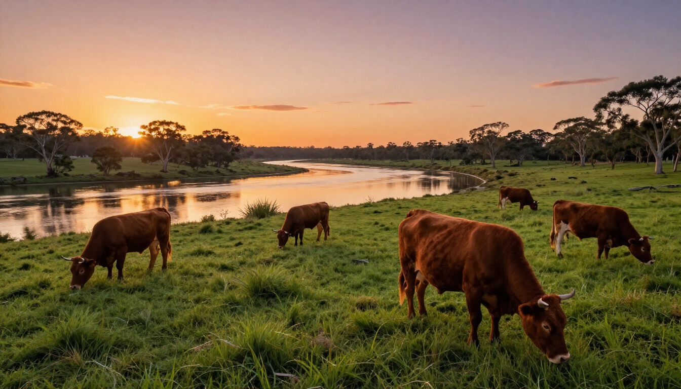 Cattle grazing by the Hawkesbury River at sunset.