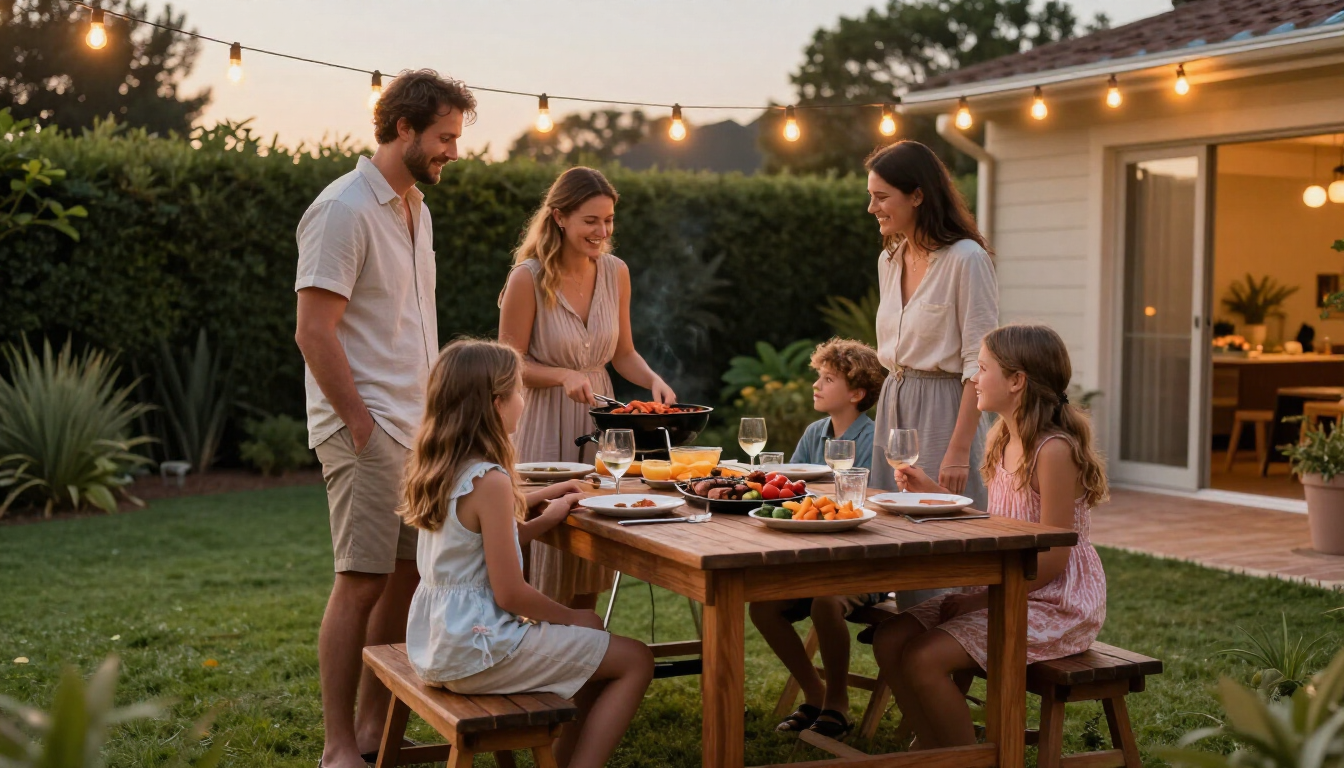photorealistic happy Australian family of four having a backyard barbecue dinner outdoor lighting green grass smiling faces