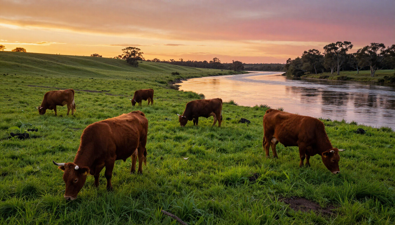 photorealistic lush green pastures along the Hawkesbury River Australia with Sunset Bluff cattle grazing peacefully sunset lighting high quality cinematic landscape
