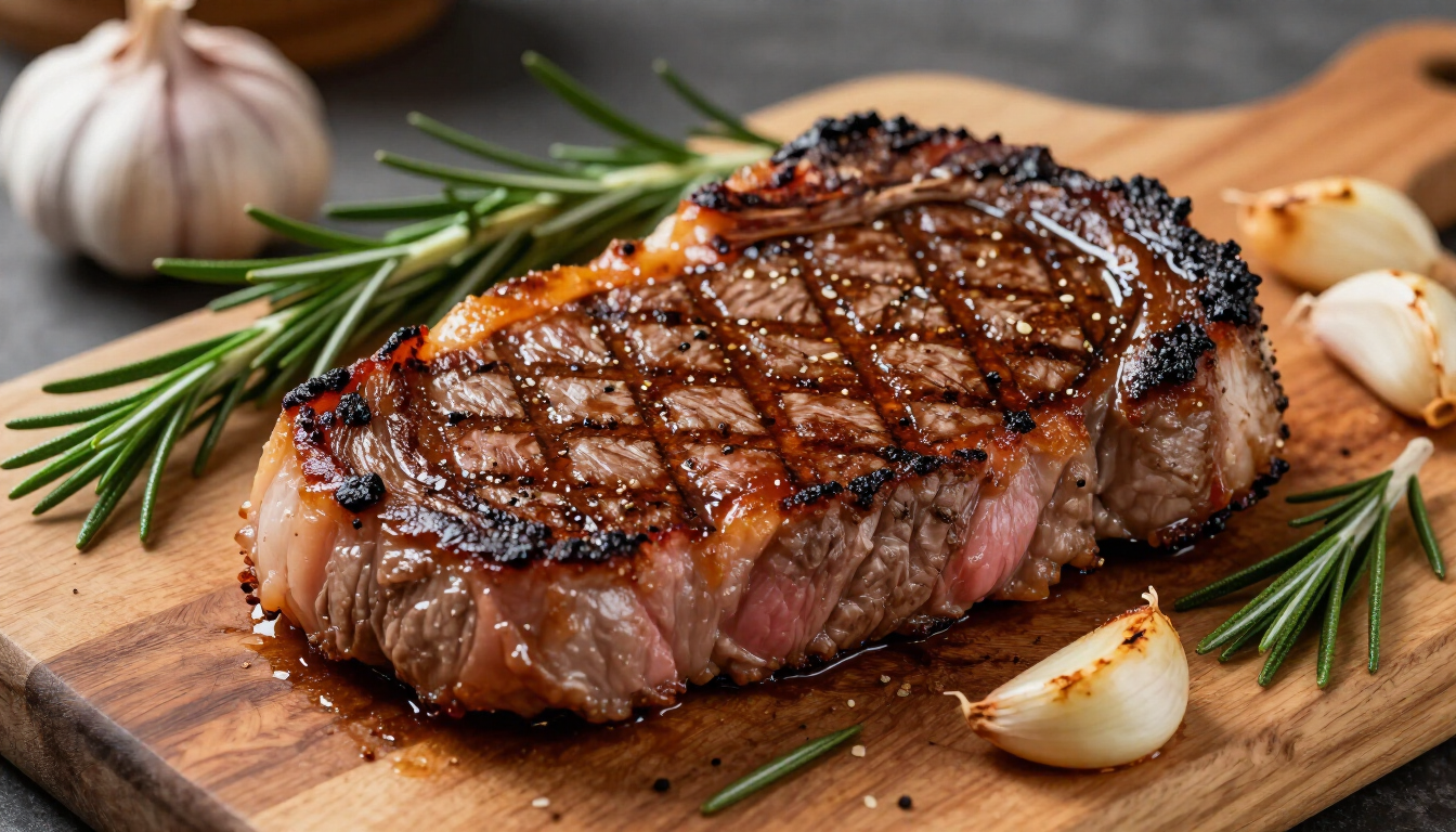 photorealistic close up of a perfectly seared grass-fed ribeye steak resting on a wooden board with rosemary and garlic high quality food photography