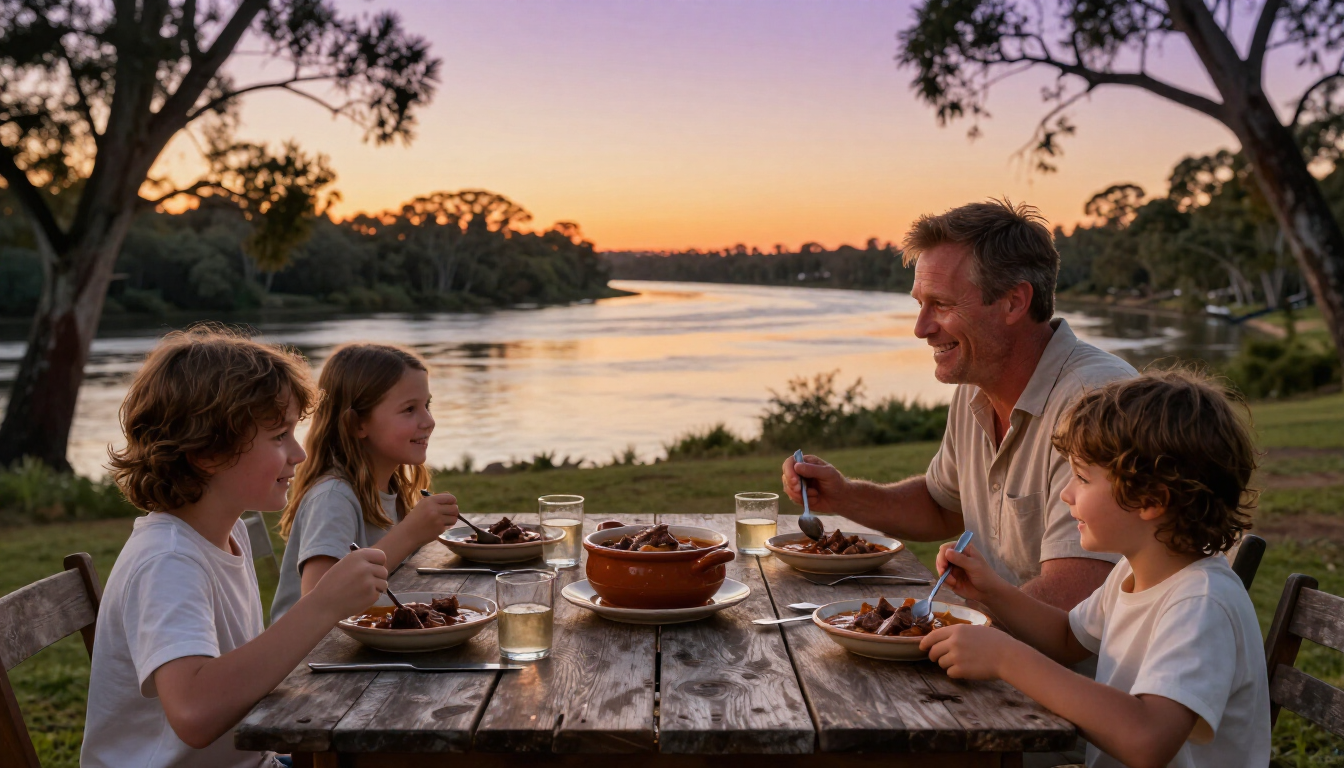 A small Dexter cow grazing at sunset by the Hawkesbury River.
