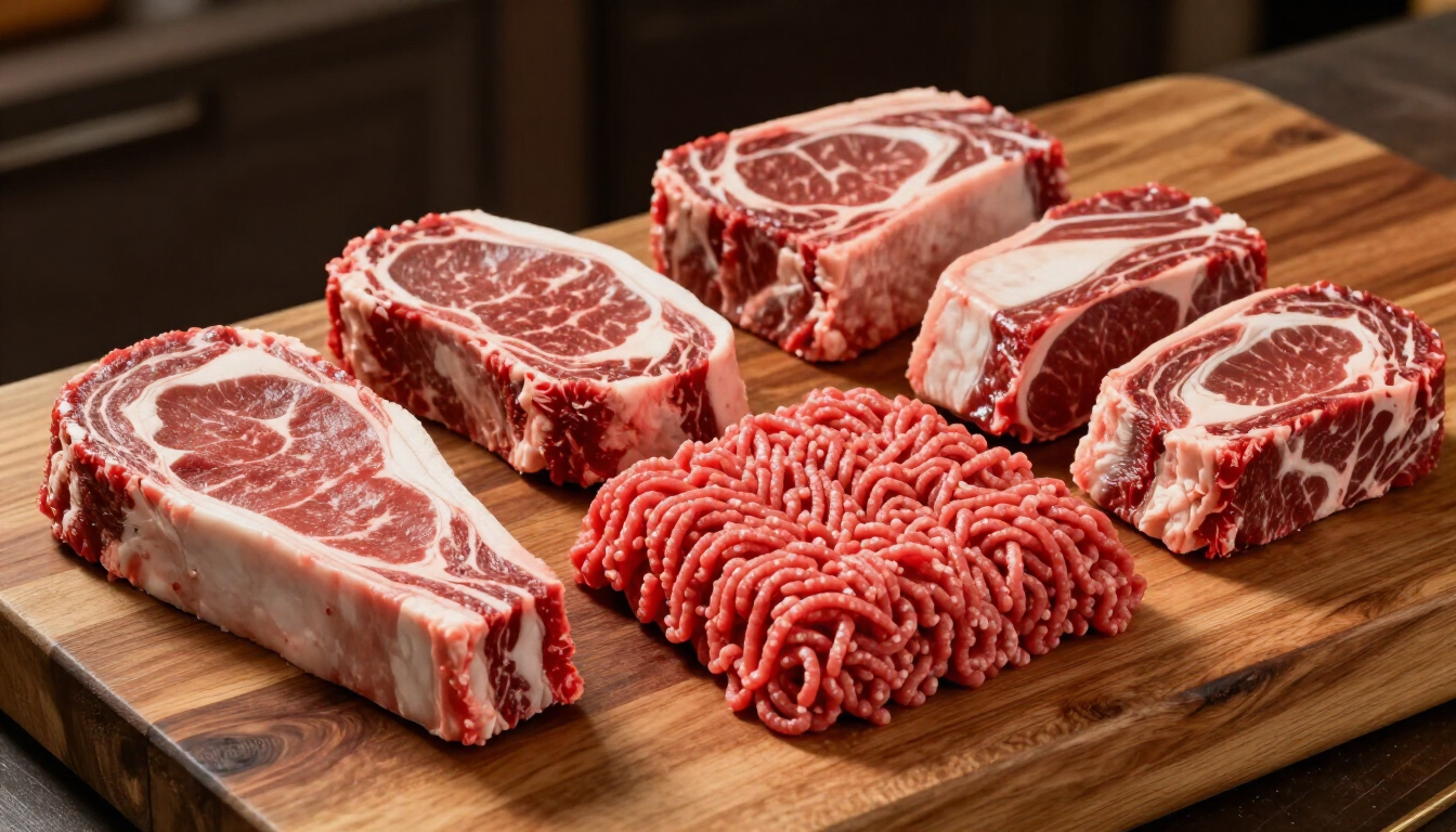 Premium beef cuts on a butcher block