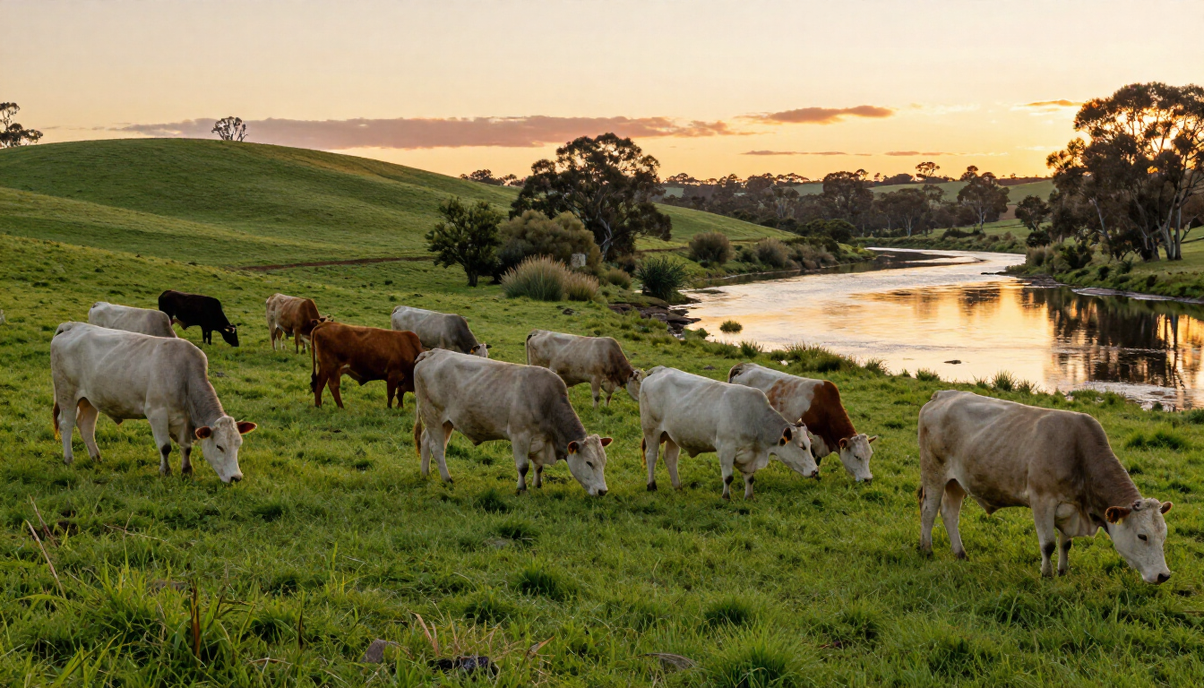 Healthy grass-fed cattle grazing by the Hawkesbury River