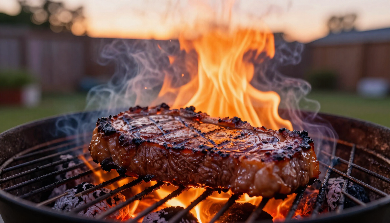A perfectly seared ribeye steak on an outdoor grill at sunset.