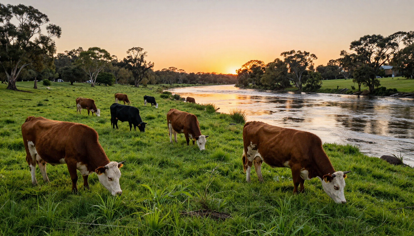 Healthy cattle grazing in a lush green pasture at Sunset Bluff Cattle Co.