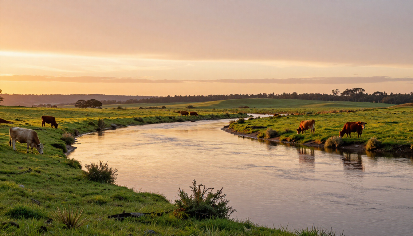 Cattle grazing by the Hawkesbury River at sunset