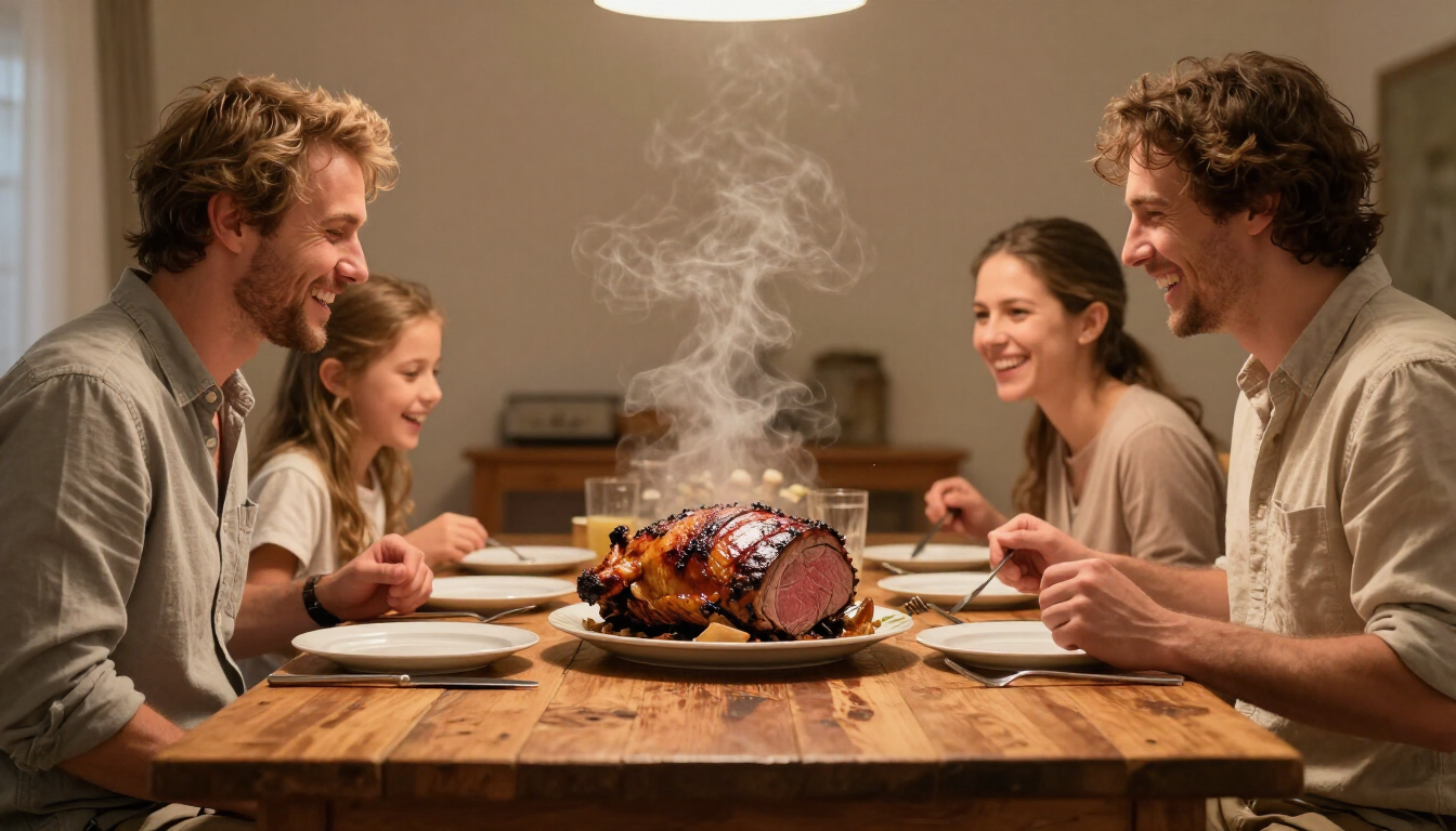 A perfectly cooked Sunday beef roast on a rustic table.