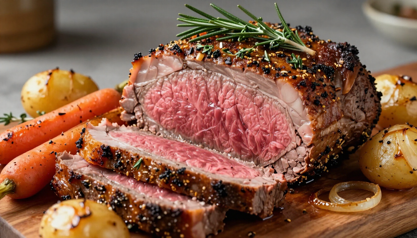 A beautifully plated roast beef dinner with roasted vegetables