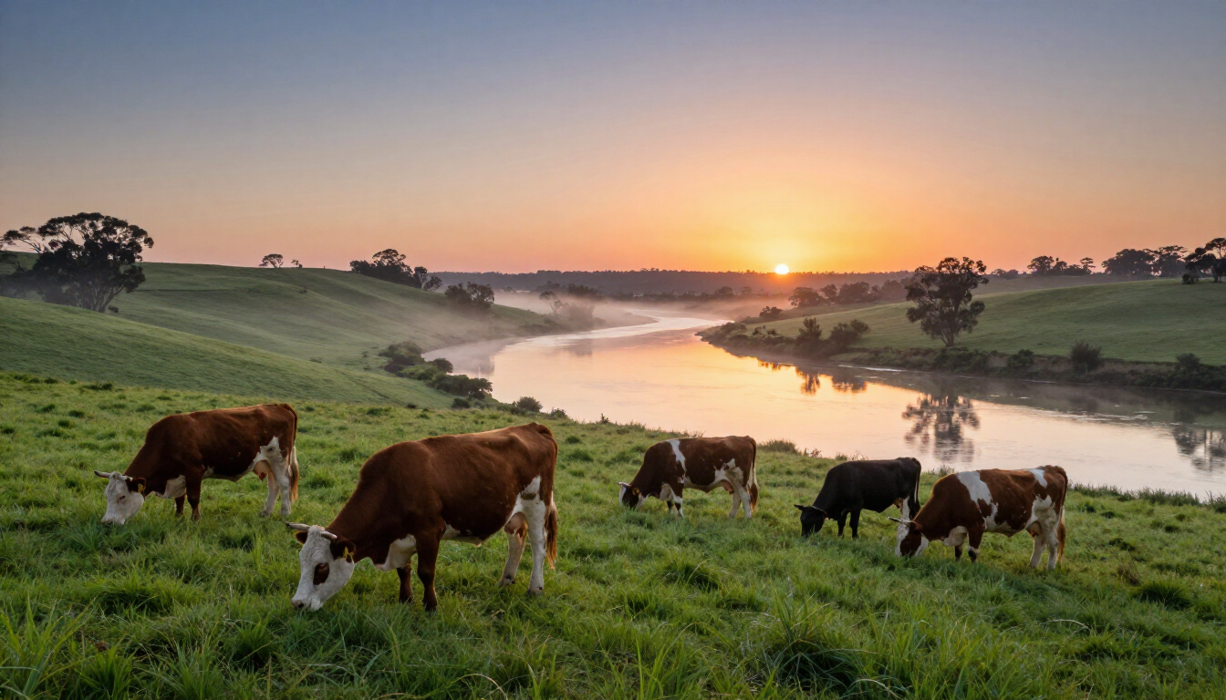 Cows grazing on a green riverside pasture at sunrise, with mist over the water and trees in the distance.