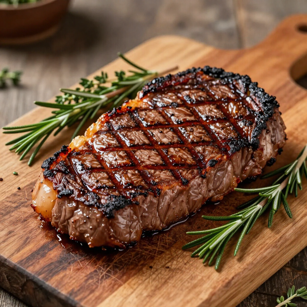 A grilled steak with distinctive sear marks, served on a wooden cutting board with sprigs of fresh rosemary.