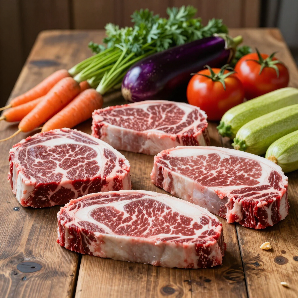 Four raw marbled steaks arranged on a rustic wooden table with carrots, eggplant, tomatoes, and zucchini in the back.